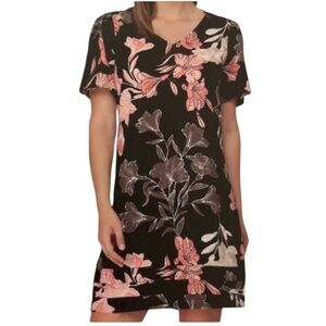 Nicole Miller Linen Shirt Dress Black Floral Coral Pink Medium